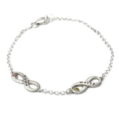 Infinity Bracelet with Birthstones and Names in Sterling Silver