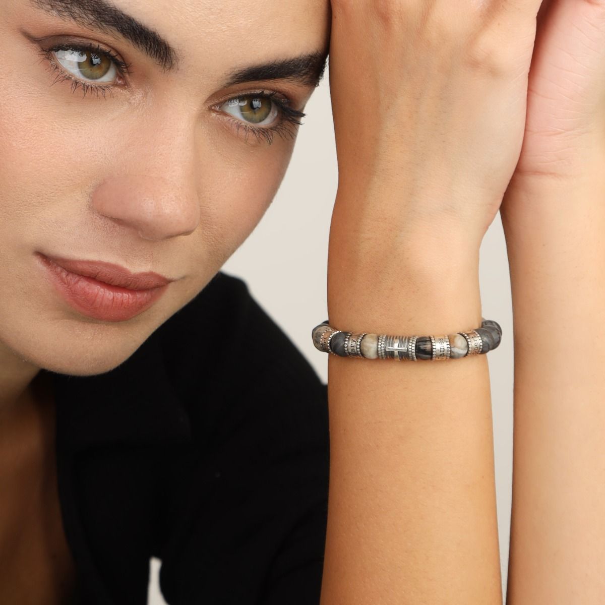 十字架 レディース名入れブレスレット・ ピカソジャスパー ストーン［スターリングシルバー］