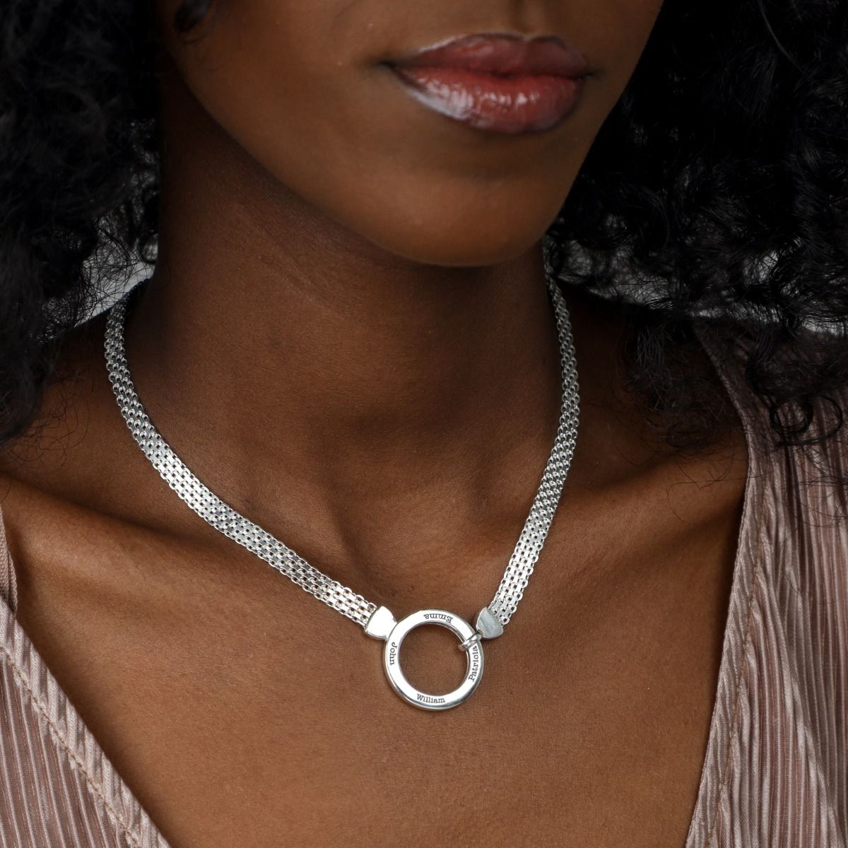 ビッグファミリーサークルヘリンボーン名入れネックレス［スターリングシルバー］