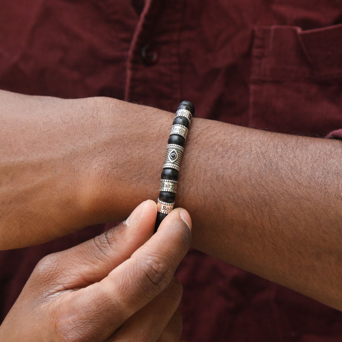 イーヴルアイ黒いオニクス名入れメンズブレスレット[スターリングシルバー]
