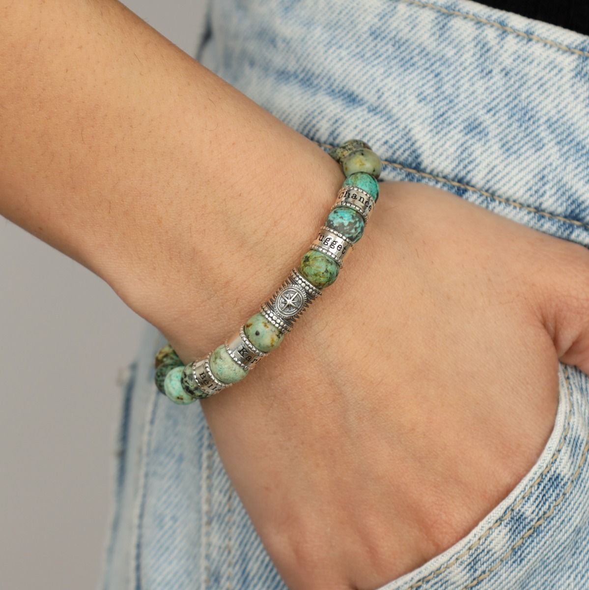 コンパストルコ石レーデイス名入れブレスレット［スターリングシルバー］