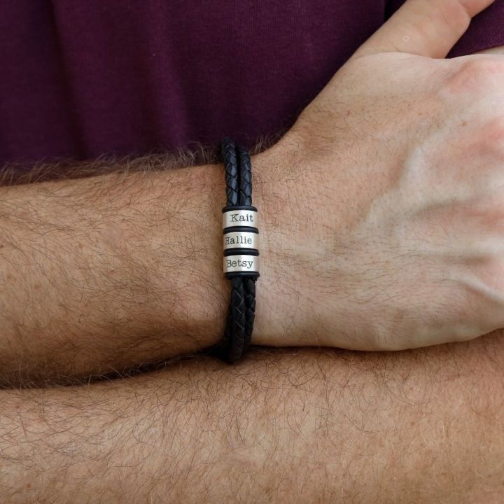 Black Leather Bracelets for Men with Custom Engravings