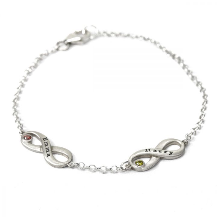 Infinity Bracelet with Birthstones and Names in Sterling Silver