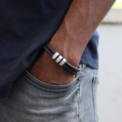 Black Leather Bracelet for Men with Silver Engraved spheres. 
