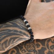 The black onyx bead bracelet, stretchy bracelet for men with engraved names in silver charms