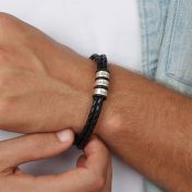 Men Name Bracelet , black leather wristband and silver beads with engraved names 