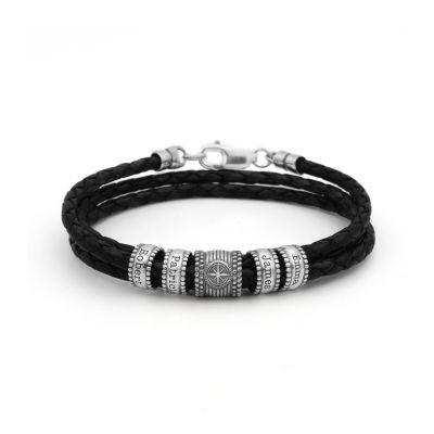Compass Men Name Bracelet in Silver [Black Leather]