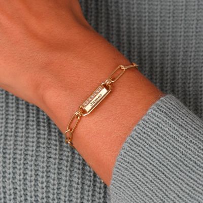 リンクチェーン ヘキサバー 刻印入れブドブレスレット・ホワイトクリスタル ［18Kゴールドメッキ］