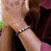 Green Tiger Eye Engraved Bracelet for Men with evil eye silver charm enhanced with black crystal