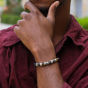 Green Tiger Eye Bracelet with Names and evil eye silver charm enhanced with black crystal