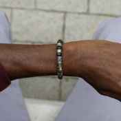  Men's Bracelet with Engravings and Hamsa Silver Charm - Green Tiger Eye Stones 